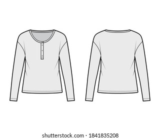 Classic mens style cotton-jersey top technical fashion illustration with long sleeves, scoop henley neckline. Flat outwear apparel shirt template front, back grey color. Women, men, unisex CAD mockup