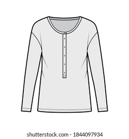 Classic men's style cotton-jersey top technical fashion illustration with long sleeves, scoop henley neckline. Flat outwear apparel shirt template front, grey color. Women, men, unisex CAD mockup