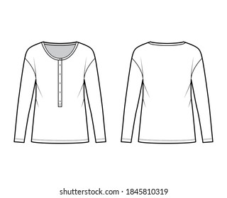 Classic men's style cotton-jersey top technical fashion illustration with long sleeves, scoop henley neckline. Flat outwear apparel shirt template front back white color. Women, men, unisex CAD mockup
