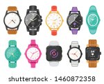 Classic men's and women's watches set of vector icons. Watch for businessman, smartwatch and fashion clocks collection.