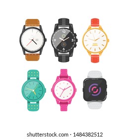 Classic men's and women's watches set of vector icons. Watch for businessman, smartwatch and fashion clocks collection.