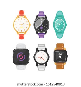 Classic men's and women's watches set of vector icons. Watch for businessman, smartwatch and fashion clocks collection.