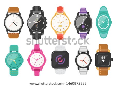Classic men's and women's watches set of vector icons. Watch for businessman, smartwatch and fashion clocks collection.