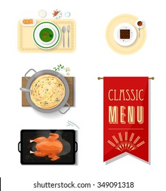 Classic menu dishes - vegetable soup, pasta with mushrooms in a pan, roasted turkey and dessert.
