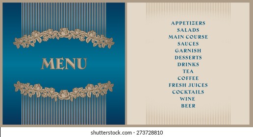 classic menu template - old gold color vignette on the bright blue gradient color background