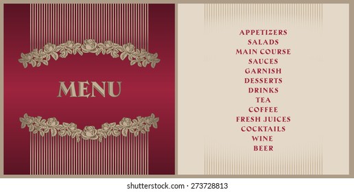 classic menu template - old gold color vignette on the bright red wine gradient color background