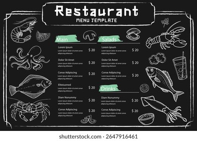 Modelo de menu clássico preparado com camarão desenhado à mão, peixe, ostras e mexilhões. Desenho de menu desenhado à mão enriquecido com mexilhões, ostras, calamaris e variedades de peixe.