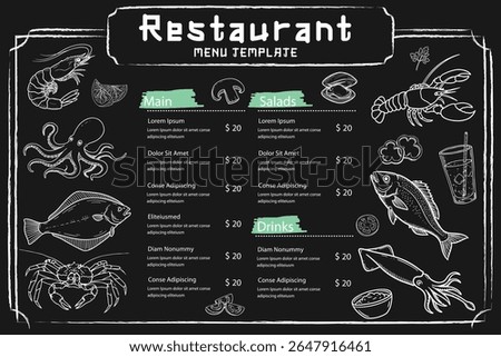 Classic menu template prepared with hand-drawn shrimp, fish, oysters and mussels. Hand-drawn menu design enriched with mussels, oysters, calamari and fish varieties.