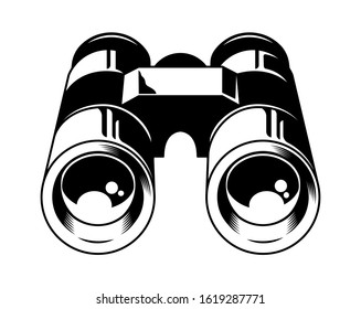 Classic metal binoculars for watch animals birds and wildlife. Isolated white background. Custom design graphic engraving style. Vintage vector illustration thing for hunting. Drawing for print design