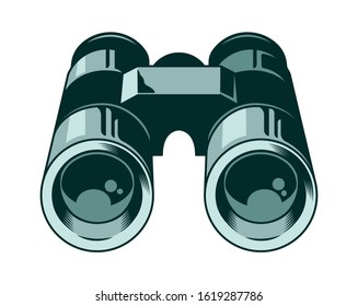 Classic metal binoculars for watch animals birds and wildlife. Isolated white background. Custom design graphic engraving style. Vintage vector illustration thing for hunting. Drawing for print design