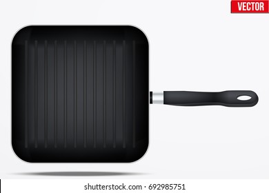 Classic Metal black grill pan with handle. Top view and Square shape. Kitchen and domestic symbol. Vector Illustration isolated on background.