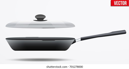 Classic Metal black non-stick frying pan with glass lid and handle. Side view and round shape. Kitchen and domestic symbol. Vector Illustration isolated on background.