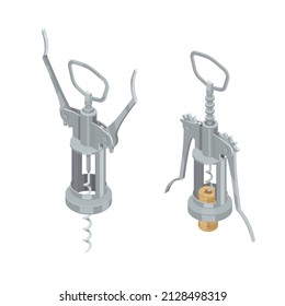 Klassischer Korkenzieher aus Metall mit Kork zum Öffnen einer isometrischen Vektorgrafik aus Wein einzeln auf Weiß