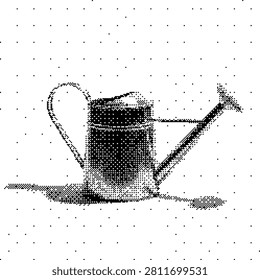 A classic metal watering can, presented in a charming halftone dot pattern, ideal for gardening, nature, and household themes.