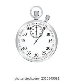 Classic metallic chrome mechanical analog stopwatch isolated on white background. Vector