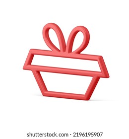 Classic metallic red gift box with bow contour shape festive decorative design hanging Christmas tree toy 3d isometric vector illustration. Bright luxury realistic Xmas bauble holiday decor isolated