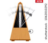 Classic Metronome with pendulum in motion. Vintage wooden style. Equipment of music and beat mechanism. Vector Illustration isolated on white background.