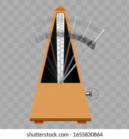Classic Metronome with pendulum in motion. Vintage wooden style. Equipment of music and beat mechanism. Vector Illustration isolated on transparent background.