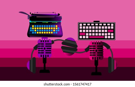 classic microphone headed keyboard and typewriter. purple gradation background.