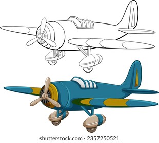 A classic military aircraft outline for coloring, isolated on a white background in vector cartoon illustration style