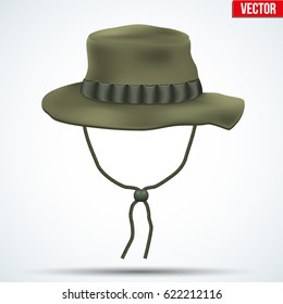 Classic military boonie hat with foliage ring. Olive color. Vector Illustration isolated on background.