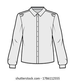 Classic military style shirt technical fashion illustration with buttoned placket, shoulder epaulettes, long sleeves. Flat blouse apparel template front grey color. Women, men unisex top CAD mockup