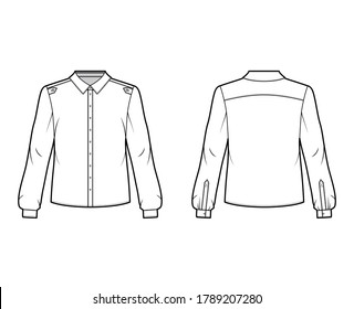 Classic military style shirt technical fashion illustration with buttoned placket, shoulder epaulettes, long sleeves. Flat blouse apparel template front back white color. Women, men unisex top mockup