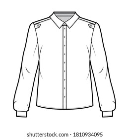 Classic military style shirt technical fashion illustration with buttoned placket, shoulder epaulettes, long sleeves. Flat blouse apparel template front white color. Women, men unisex top CAD mockup