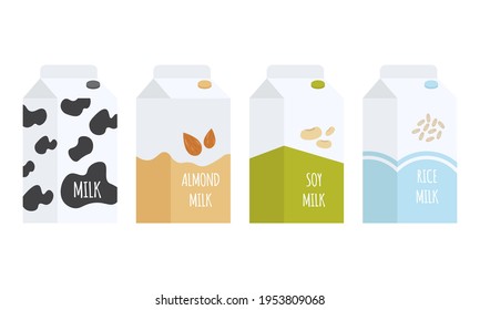 Classic Milk And Vegan Milk: Soy, Rice, Almonds. Lactose Free. Agricultural. Vector Illustration In Cartoon Flat Style.