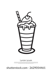 Um clássico milkshake com creme, cobertura de cereja e palha listrada. O design contornado é definido contra um fundo branco limpo.