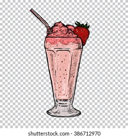 Classic Milkshake with Cream and  strawberry in Glass. Vector illustrations. 