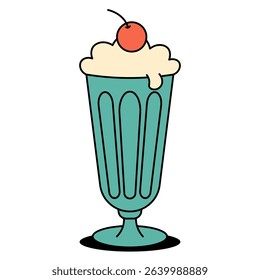 Classic milkshake with whipped cream and cherry on top. Fun nostalgic design for dessert menus, posters or vintage food projects. Flat vector illustration on white background