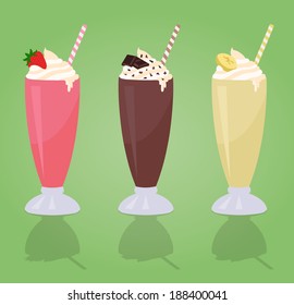 Classic Milkshakes with Cream in Glass - Strawberry - Chocolate - Banana