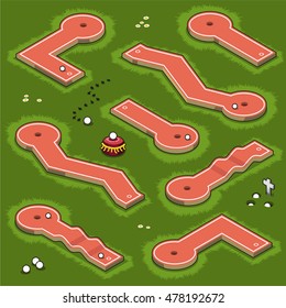 Classic mini golf courses on a lawn (isometric view)