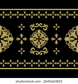 Ornamento De Ouro Florais Mínimos Clássicos No Plano De Fundo Preto Padrão De Borda. Sense of Baroque Medieval Style for Rich Opulence Decoração Fashion Branding Tecidos Bordado Cerâmica Batik Scarf Silk Rug