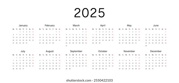 Classic minimalist calendar 2025, vector 10 eps.