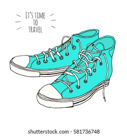 Classic mint, turquoise hand drawn vintage hipster sneakers isolated on white background. Vector illustration, sketch style, fashion design icon. Shoes for running or travel.
