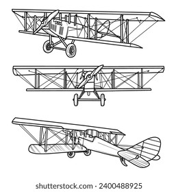 A Classic Model of a Airplane, Hand drawn vector illustration of Vintage Aircraft. Design for print, coloring book, Isolated on White Background