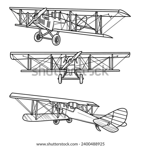 A Classic Model of a Airplane, Hand drawn vector illustration of Vintage Aircraft. Design for print, coloring book, Isolated on White Background