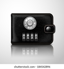 Classic modern black leather wallet locked with combination code lock financial security concept vector illustration