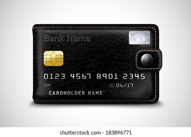 Classic modern black wallet with leather texture as a bank secure plastic credit card with chip concept isolated vector illustration