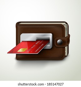 Classic modern brown wallet with leather texture as an atm bank machine slot with credit card concept isolated vector illustration