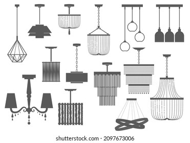 Classic and modern chandelier set. Lamps silhouette. Vector illustration