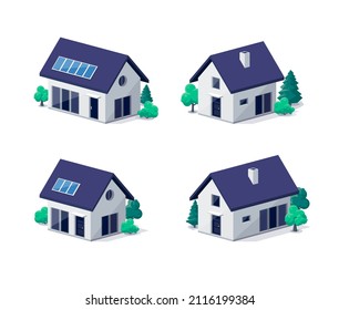 Classic modern family house building icon in 3d view. Residential home property. Contemporary standard suburban village style with gable roof and solar panels. Isolated vector real estate illustration svg