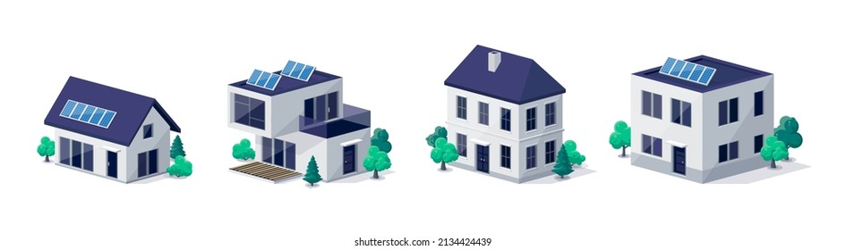 Classic and modern family house residential apartment buildings. Real estate home property. Contemporary standard suburban urban village style with gable and flat roof solar panels. Isolated vector. svg