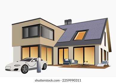 Classic and modern family house residential apartment buildings. Real estate home property. Contemporary standard suburban urban village style with solar panels and electric car. Isolated vector.