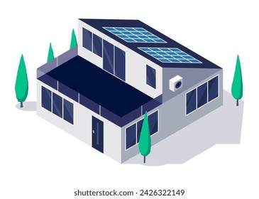 Classic and modern family house residential apartment building with roof solar panels. Real estate home property. Contemporary standard suburban urban village style