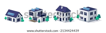 Classic and modern family house residential apartment buildings. Real estate home property. Contemporary standard suburban urban village style with gable and flat roof solar panels. Isolated vector.
