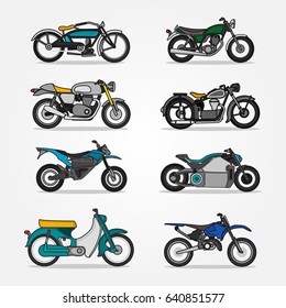 Iconos clásicos y modernos de motocicletas y Scooters ambientados en un diseño de estilo plano. Ilustraciones vectoriales de vehículos de motor retro de distintos tipos