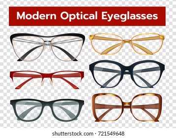 Classic modern optical eyeglasses with colorful frames for men and women isolated on transparent background realistic vector illustration